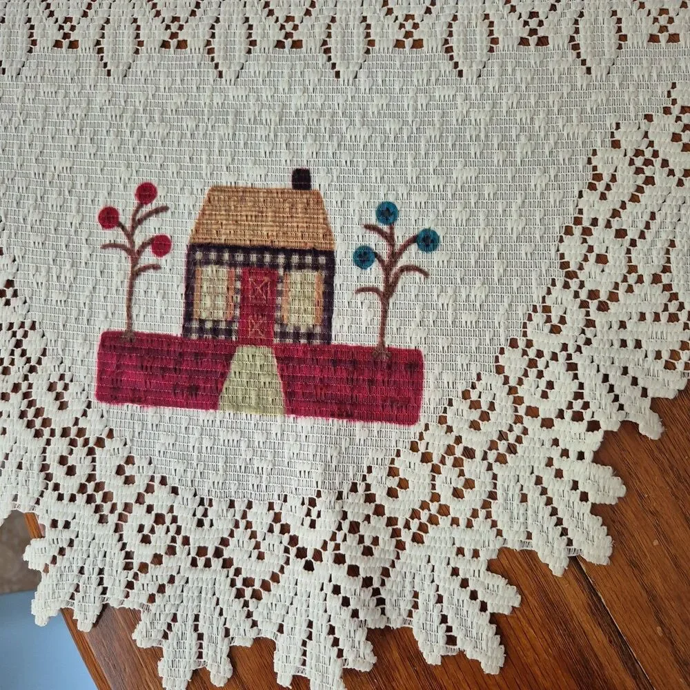 VTG Cream Cottage Core Little House Embroidered Long Buffet Runner 87 x 20 IN